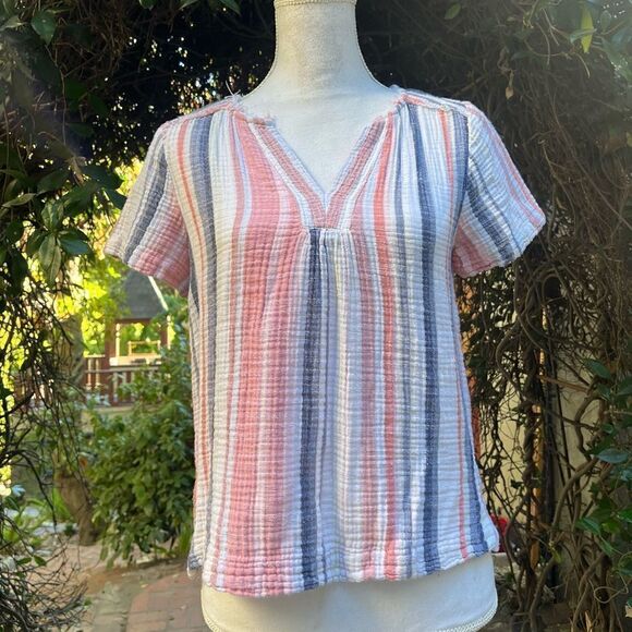 CASLON MULTICOLOR VERTICAL STRIPE BOXY COTTON SHORT SLEEVE TOP PETITE SMALL - Picture 7 of 12
